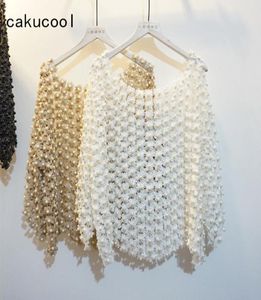 Cakucool Women Luksusowy Pearl Bead Bluzka Złota Lurex Kwiatowa Koronkowa pusta pusta koszula Elegancka Blusa Pullover Femme T515215523