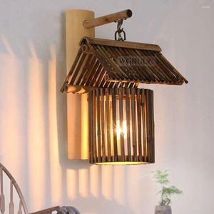 Vägglampa 2024 Landsstil Vintage LED SCONCE-lampor gjorda av bambu för Home Bar E27 Socket AC110-240V-glödlampa ingår.