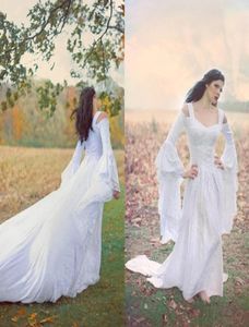 FANTASY FAIRY Medieval Lace Up Vestidos de noiva de Sino de Sino Longo de Linha Um trem Court White chiffon e renda Brida7184641