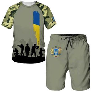 Herrspåriga Ukraina Special Forces 2st 3D Camouflage Men Set Men T-shirt +Shorts 2st Suit Men t-shirts mode överdimensionerade set män kläder t240507