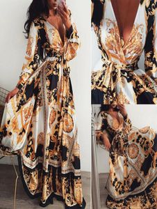 Mulheres Boho Wrap Summer Summer Lond Dress Holiday Maxi Sundress Loose Floral Print Vneck Manga longa Vestidos elegantes Cocktail Party8587339