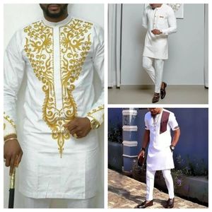 2-częściowy zestaw męski Haftowe spółki na stałe spodnie z litego koloru afrykańskie etniczne odzież męskie 240425