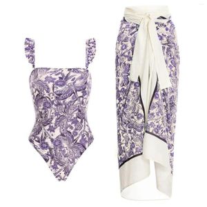 Damenbadebekleidung 2024 Boho Deck-Strandanzüge Frauen 2pcs trägerloser Badeanzug mit Vertuschungen Röcke Röcke Sommer Bauchkontrolle Badeanzüge