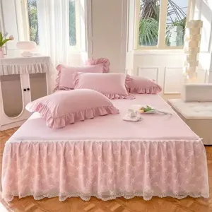 Bed Skirt French Lace Embroidered Small Fresh Solid Color Cotton Cover Thin Gauze Hem Anti Slip Sheets And Bedding
