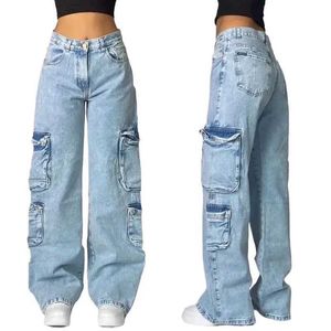 Kvinnors byxor capris street populära multi ficka tvättade denim byxor för kvinnor y2k nya harajuku casual lös rak bred ben unisex punk byxor q240508