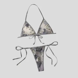 Bras sätter kvinnor sexiga tunna remmar Lace-up erotiska underkläder set ren gasspets broderi bh thong trosor förförisk lingeire bikini