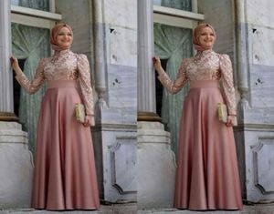 Soiree hijab Dresses High Neck Long Sleeve Vestidos 2016 A Line Robe De Soiree Gold Applique Satin Elegant Aso Ebi Long Evening Dr1914100