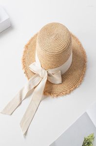 Breda randen hattar 2022 sommar raffia damer bow strå hatt kvinnlig platt visir strand kvinnor39s semester solskyddsmedel sol hel3801831