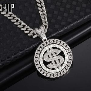 HIP HOP AAA+ Rhinestone Rotatable Dollar Iced Out 13mm Miami Cuban Link Chain Pendant Necklaces for Men's Women Jewelry