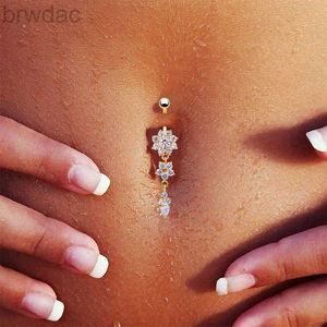Navelringar Ny mode sexig piercing navel kropp smycken blomma hänge kristall magen ringar för kvinnor flickor #77463 D240509