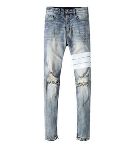 2020High quality Mens jeans Distressed Motorcycle biker jeans Rock Skinny Slim Ripped hole stripe Famous Brand Denim pants Designe6710185