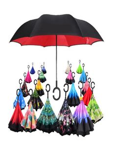 Hela butiken 57 mönster soligt regnigt paraply omvänd vikning inverterade paraplyer med c handtag dubbel lager inifrån och ut windproo6660402