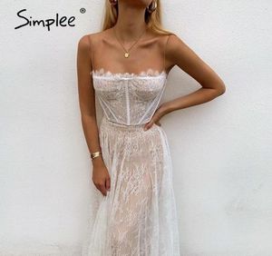 Simplee Sexy White Lace Summer Mulheres maxi vestidos de praia pulseira sem costas vestido plus size malha femme vestido longo vestidos 213449576