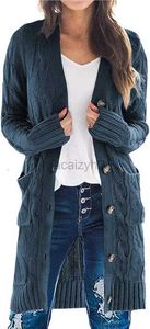 女性用セーターレディース秋冬の分厚いオープンフロントボタンセーターとポケット付きファッションニットウェア