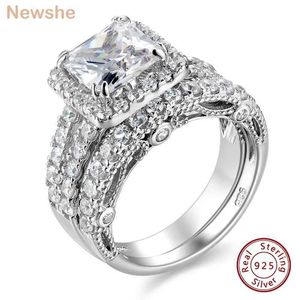 Band Rings Newshe Retro Womens Wedding Ring Solid 925 SterlSilver 4Ct Princess Cut 5A Cubic Zircon 2PCS Bridal Set Exquisite Jewelry J240508