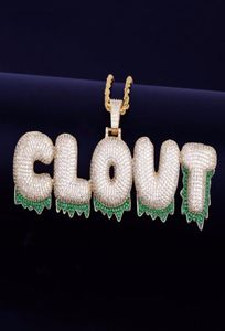 Men039s Nome personalizado Letras de bolhas de gotejamento verde pingentes colares gelo para fora do zircão jóias de hip hop com corrente de corda de prata dourada para 11303037