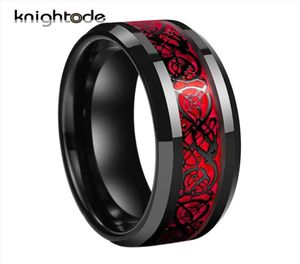 8mm Men039s schwarzer keltischer Drachenring -Wolfram -Carbidringe rotes Kohlefaser Ehering Modepaar Schmuck Ring Komfort 8789401