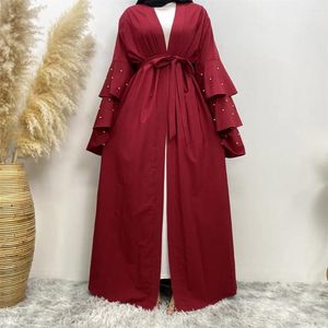 Ethnische Kleidung verkauft offene Abaya Frauen Kleidung Flare Sleeve mit Perlen Design Muslim Kimono Long Kaftan Islamic Dubai Kleider für