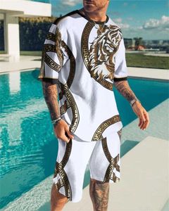 Tracki męskie europejskie i amerykańskie letnie mężczyźni ustawione na stroje ponadwymiarowe męskie trend Casual Beach w stylu cyfrowym 3D Koszulki T-shirt Suit T240507