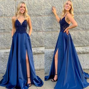 Neue sexy Royal Blue A Line Prom Kleider Spitze Applikze bodenlange Hochseiten -Spaghetti -Gurt Applikationen formelle Kleider Abendkleid 308x