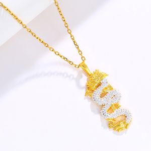 Punk Mens Hip Hop Chinese Dragon Pendant Necklace Full Zircon Alloy Gold Plated