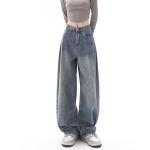 Kvinnors byxor capris koreanska mode y2k retro breda ben hög midja rak gata kläder blå jeans kvinnor fick denim byxor q240508