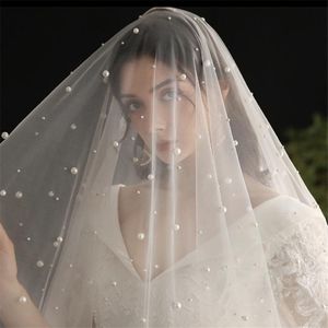 Bridal Welle Białe Ivory Champagne Veil długie dwa poziomy pokrytego twarzą Blusher z perłami velos de noiva ślub grzebień 321W