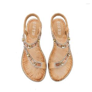 Casual Shoes Summer Women 1cm Platform 2cm Low Heels Bohemian Sandals Lady Large Size Soft Leather Crystal Fashion Sparkly Rhinestone