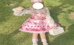 Summer Jsk Sweet Strawberry Shleeless sukienka Lolita Różowa marszczona bąbelka wiśnia kawaii dziewczyna loli cosplay 2105203588674
