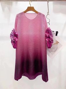 الفساتين غير الرسمية Miyake فستان ثنائي الأبعاد الطويل الأكمام التطريز تقليل ملابس النساء الأجنبيين 2024