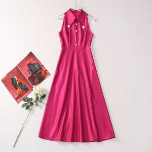 Summer Red Solid Color Panel Panel Dress Sleeveless Lapel Neck Rhinestone Long Maxi Casual Dresses A4A291538