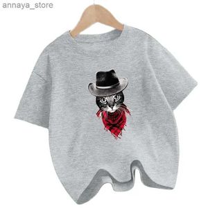 Tişörtler havalı küçük kedi kot şapkası giyen t-shirt çocuk kısa kollu t-shirt eğlenceli tişört çocuk giyim