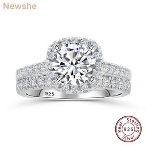 Ringas de banda Newshe 925 Conjunto de anel de noivado de prata adequado para mulheres brilho halo redondo corte cúbico zircão de luxo jóias de casamento j240508