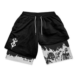 Mäns shorts berserk-pantnes cortos deportivos 2 en 1 para hombre shorts de secado rpido para corer entrenamiento de gimnasio y fitnes t240509