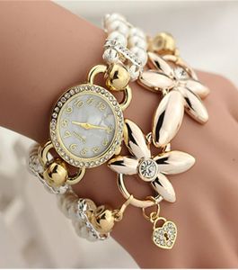 Lüks İnci Bileklik Bilek saati Zarif Çiçekler Rhinestone Quartz Watch Women Ladies Casual Watch Relogio Feminino Watches9300005