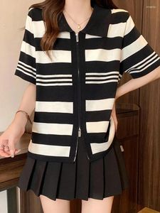 여자 니트 플러스 크기 니트 스웨터 가디건 여성 빈티지 스트라이프 짧은 소매 니트웨어 탑 2024 여름 우아한 한국 패션
