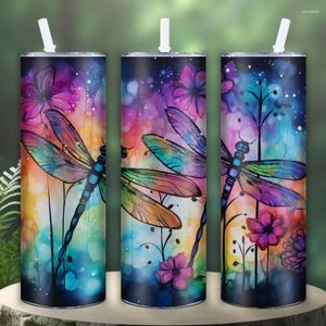 Water Bottles Dazzling Colorful Dragonfly Flowers 3D Print Sublimation Stainless Steel Cup With Lid And Straw Thin Bottle For Gift