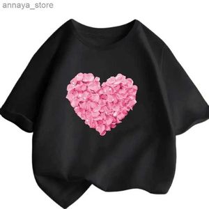 T-shirts rosa hjärtformade tryckta flickor t-shirt casual söt t-shirt gåva ung flicka fashionabla blommor barn sommarkläder2405