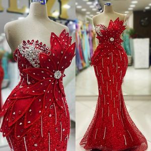 2024 Plus Size Red Prom -klänningar för speciella tillfällen Promdress Illusion Mermaid Sequined Lace Beading Tassel Hand Made Flowers Pärled Birthday Dress AM782