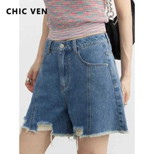 Kvinnors shorts chic ven kvinnors denim shorts delade oregelbunden borstade denim byxor kvinnor kläder sommar ny 2023 y240504