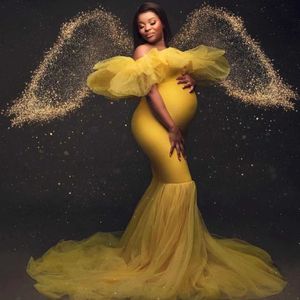 Moderskapsklänningar gula sjöjungfru moderskapsklänning för fotoshoot från axeln puffy tyll ärmar graviditetsfotografklänningar för babyshower T240509