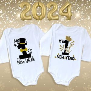 Rompers My 1st New Year Printed Baby Bodysuit Infant Romper New Year Toddler Long Sleeve Jumpsuit Boys Girls Clothes Newbron Shower Gfit T240509