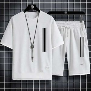 Męskie dresy męskie Dwukrotne lniane lniane casual casual T-shirt i szorty Set Mens Sportswear Summer Short Sleved Dold Neck T-shirt Y240508