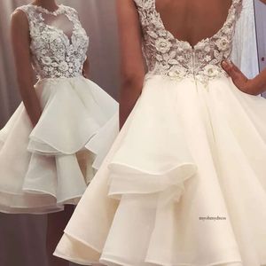 2021 New Lovely Short Lace Sleeveless Bridal Dresses Knee Length Illusion O Neck Wedding Gowns for Bride Cut Out Back 0509