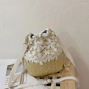 Torba letnia słoma wiadra dla kobiet koronkowe liście kwiatowe tkane ręcznie robione crossbody torebki wakacyjne bolso sac