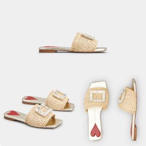 Raffia glider sandaler halm mule kvinnor skor designer tofflor sommar strand glid tofflare hjärta mules läder insula kvadrat tå kristall spänne spegel kvalitet