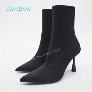 Boots Black Stretch Fashion Sock 2024 Solid Thin High Heel Pointed Toe Autumn Winter Est Slip-on Women Sexy Shoes