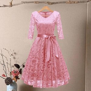 Casual Dresses Women Party Dress Lace Design Elegant V-neck Floral Embroidery A-line Midi With Bow Belt For Prom Parties