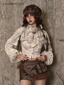 Bluzki damskie subkultura punkowa bawełniana lniana w trudnej sytuacji stojak kołnierz bluzka bluzka harajuku gotycka vintage print Latarn Sleeve.