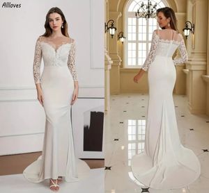 Elegant Ivory Trumpet Mermaid Wedding Dresses For Bride Women With Long Sleeves Lace Boho Garden Bridal Gowns Sweep Train Simple Bridal Party Gowns Vestidos CL3342